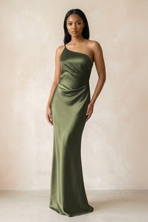One - Shoulder Sheath Ruched Bridesmaid Dress in Willow Green - KISS BRIDAL Bridesmaid Dresses