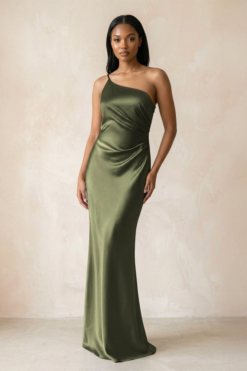 One - Shoulder Sheath Ruched Bridesmaid Dress in Willow Green - KISS BRIDAL Bridesmaid Dresses