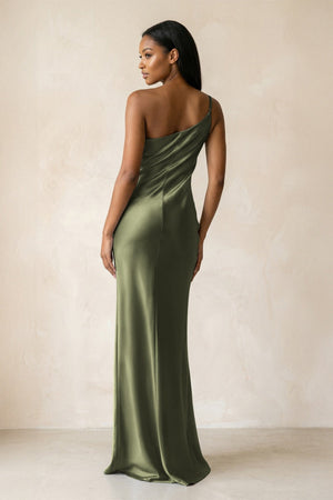 One - Shoulder Sheath Ruched Bridesmaid Dress in Willow Green - KISS BRIDAL Bridesmaid Dresses