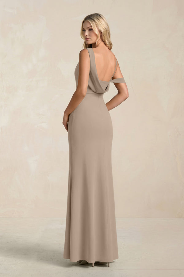 One-Shoulder Sheath Ruched Bridesmaid Dress With Slit in Almond (2) | KISSBRIDAL