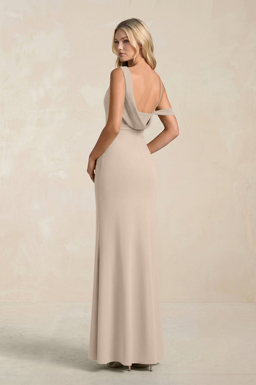 One - Shoulder Sheath Ruched Bridesmaid Dress With Slit in Almond - KISS BRIDAL Bridesmaid Dresses