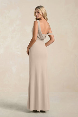 One - Shoulder Sheath Ruched Bridesmaid Dress With Slit in Almond - SHE IS ME Bridesmaid Dresses