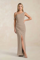 One-Shoulder Sheath Ruched Bridesmaid Dress With Slit in Almond | KISSBRIDAL