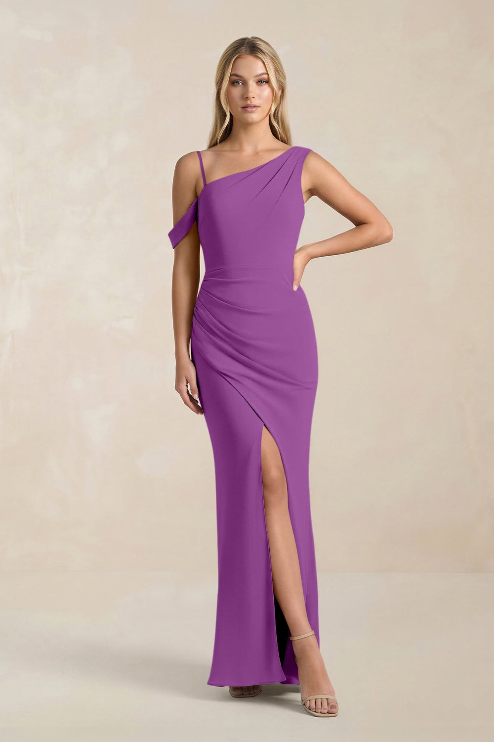 One - Shoulder Sheath Ruched Bridesmaid Dress With Slit in Amethyst - KISS BRIDAL Bridesmaid Dresses