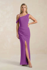 One - Shoulder Sheath Ruched Bridesmaid Dress With Slit in Amethyst - KISS BRIDAL Bridesmaid Dresses