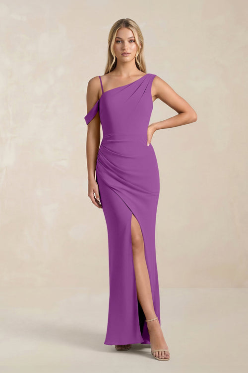 One - Shoulder Sheath Ruched Bridesmaid Dress With Slit in Amethyst - SHE IS ME Bridesmaid Dresses
