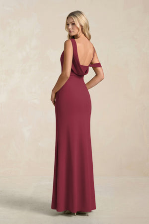 One-Shoulder Sheath Ruched Bridesmaid Dress With Slit in Berry (2) | KISSBRIDAL