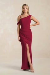 One - Shoulder Sheath Ruched Bridesmaid Dress With Slit in Berry - KISS BRIDAL Bridesmaid Dresses
