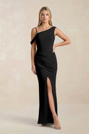 One - Shoulder Sheath Ruched Bridesmaid Dress With Slit in Black - SHE IS ME Bridesmaid Dresses