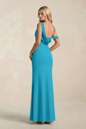 One - Shoulder Sheath Ruched Bridesmaid Dress With Slit in Blue Jay - SHE IS ME Bridesmaid Dresses
