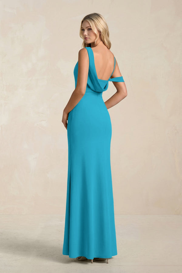 One - Shoulder Sheath Ruched Bridesmaid Dress With Slit in Blue Jay - SHE IS ME Bridesmaid Dresses