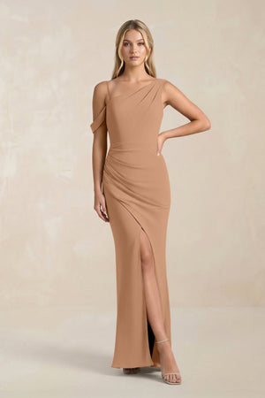One - Shoulder Sheath Ruched Bridesmaid Dress With Slit in Bronzer - SHE IS ME Bridesmaid Dresses