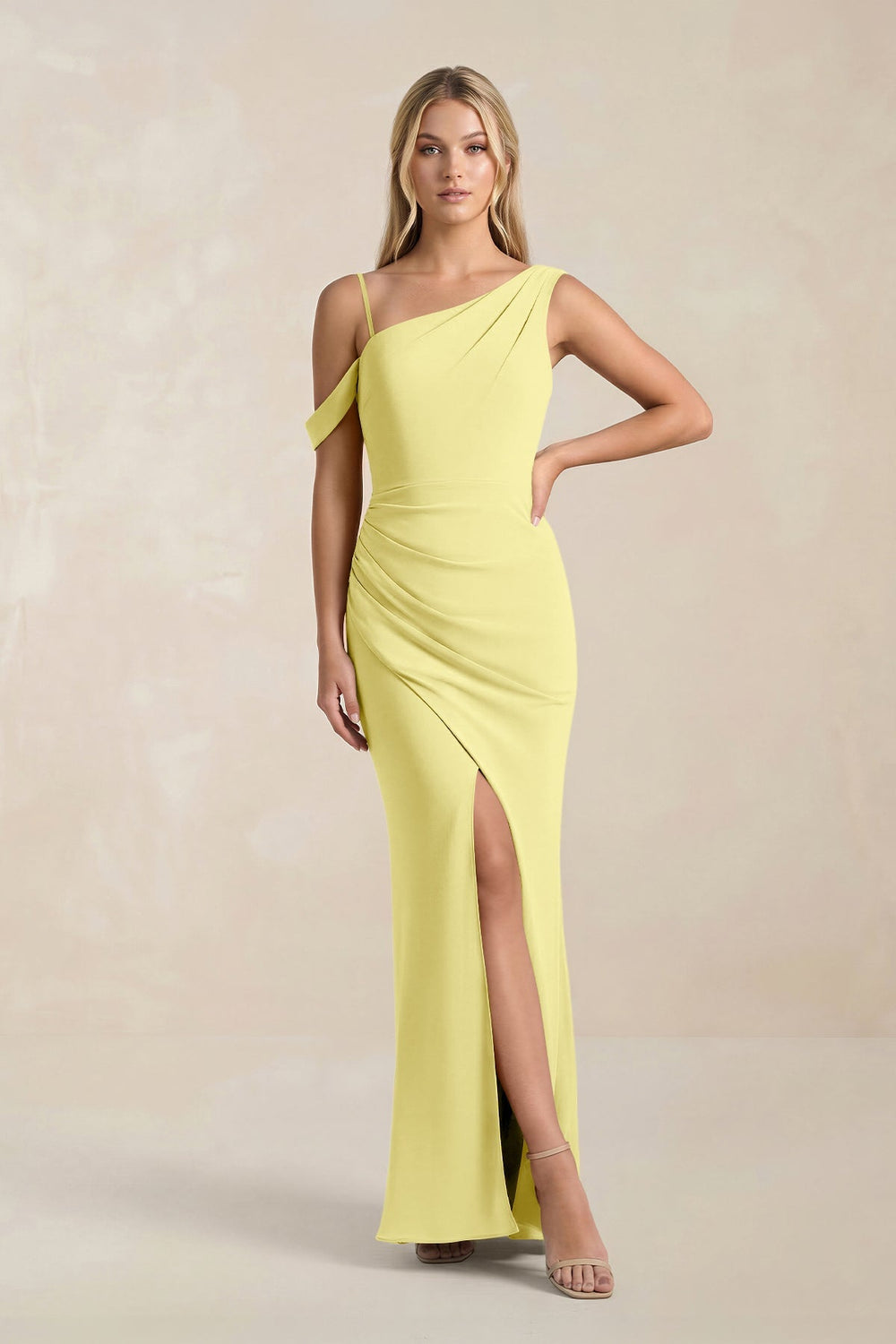 One - Shoulder Sheath Ruched Bridesmaid Dress With Slit in Buttercup - KISS BRIDAL Bridesmaid Dresses