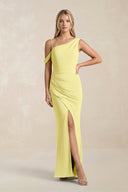 One - Shoulder Sheath Ruched Bridesmaid Dress With Slit in Buttercup - SHE IS ME Bridesmaid Dresses