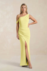One - Shoulder Sheath Ruched Bridesmaid Dress With Slit in Buttercup - KISS BRIDAL Bridesmaid Dresses