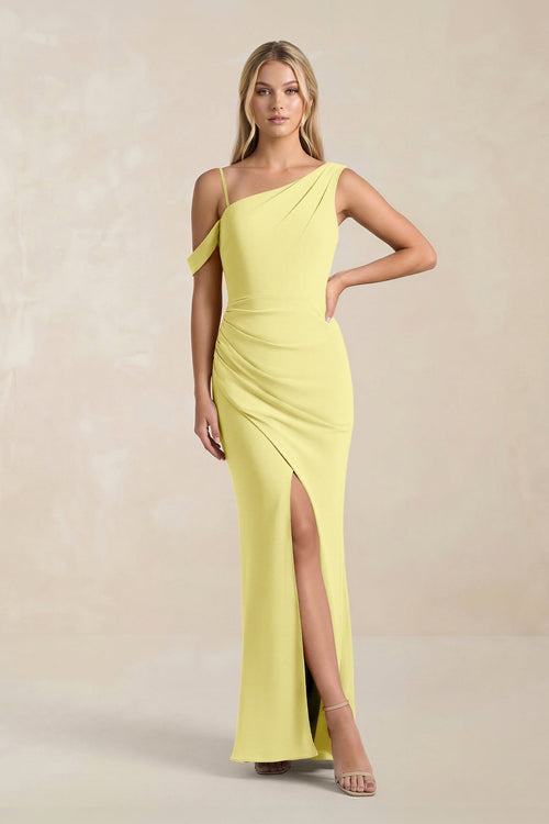 One - Shoulder Sheath Ruched Bridesmaid Dress With Slit in Buttercup - SHE IS ME Bridesmaid Dresses