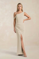 One - Shoulder Sheath Ruched Bridesmaid Dress With Slit in Champagne - SHE IS ME Bridesmaid Dresses