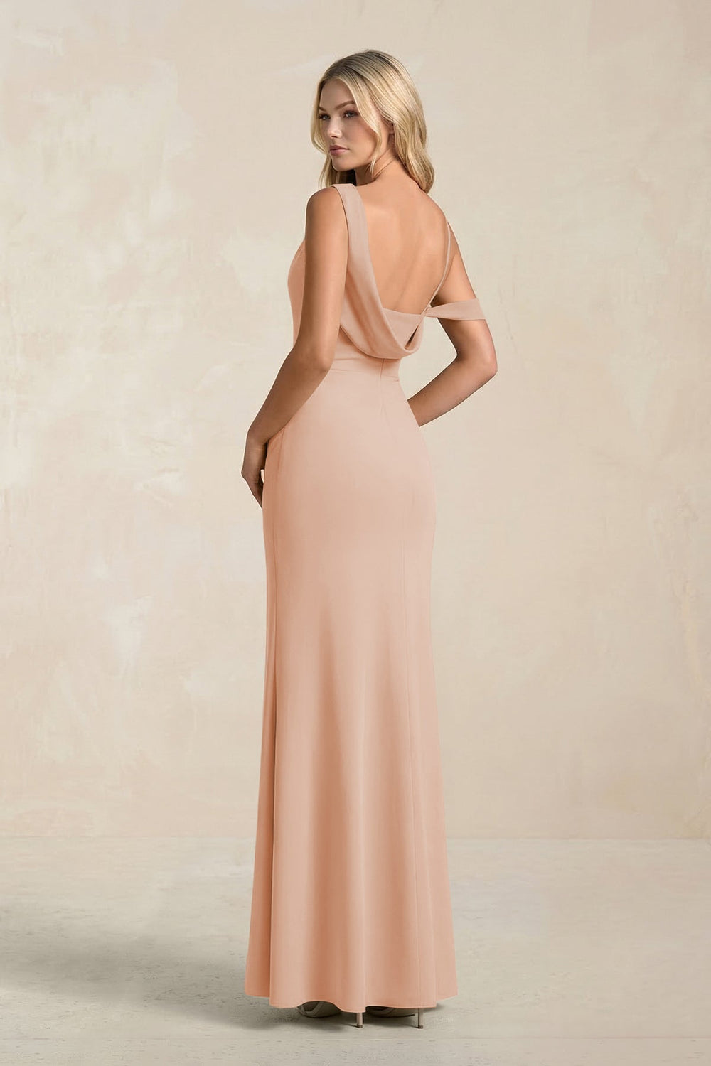 One - Shoulder Sheath Ruched Bridesmaid Dress With Slit in Champagne Rose - KISS BRIDAL Bridesmaid Dresses