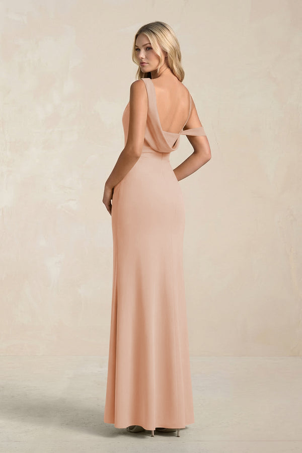 One - Shoulder Sheath Ruched Bridesmaid Dress With Slit in Champagne Rose - SHE IS ME Bridesmaid Dresses