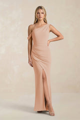 One - Shoulder Sheath Ruched Bridesmaid Dress With Slit in Champagne Rose - KISS BRIDAL Bridesmaid Dresses
