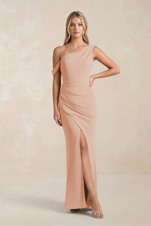 One - Shoulder Sheath Ruched Bridesmaid Dress With Slit in Champagne Rose - SHE IS ME Bridesmaid Dresses
