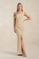 One-Shoulder Sheath Ruched Bridesmaid Dress With Slit in Champagne | KISSBRIDAL