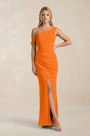 One - Shoulder Sheath Ruched Bridesmaid Dress With Slit in Cinnamon - SHE IS ME Bridesmaid Dresses