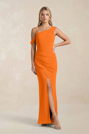One - Shoulder Sheath Ruched Bridesmaid Dress With Slit in Cinnamon - SHE IS ME Bridesmaid Dresses