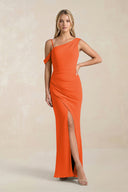 One-Shoulder Sheath Ruched Bridesmaid Dress With Slit in Cinnamon | KISSBRIDAL