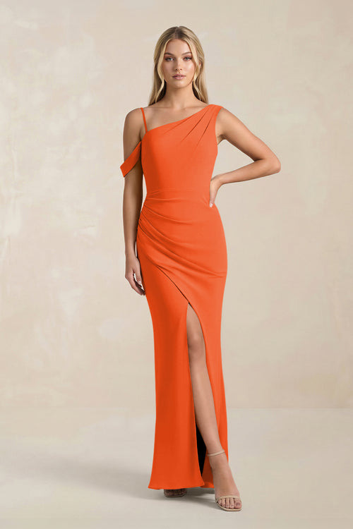 One-Shoulder Sheath Ruched Bridesmaid Dress With Slit in Cinnamon | KISSBRIDAL