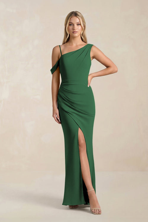 One - Shoulder Sheath Ruched Bridesmaid Dress With Slit in Dark Green - SHE IS ME Bridesmaid Dresses