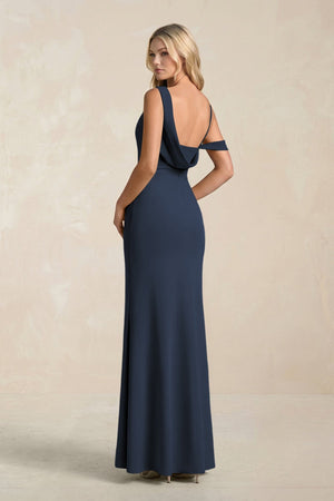 One - Shoulder Sheath Ruched Bridesmaid Dress With Slit in Dark Navy - SHE IS ME Bridesmaid Dresses