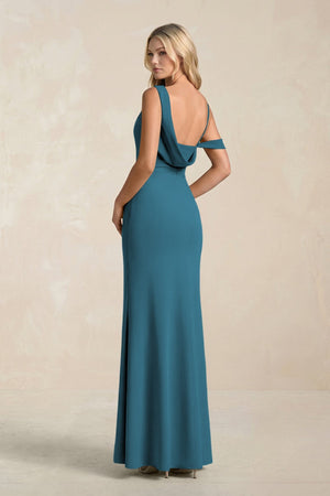 One - Shoulder Sheath Ruched Bridesmaid Dress With Slit in Dark Teal - SHE IS ME Bridesmaid Dresses