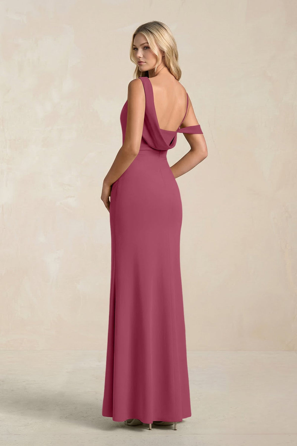 One - Shoulder Sheath Ruched Bridesmaid Dress With Slit in Desert Rose - KISS BRIDAL Bridesmaid Dresses