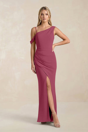 One - Shoulder Sheath Ruched Bridesmaid Dress With Slit in Desert Rose - SHE IS ME Bridesmaid Dresses