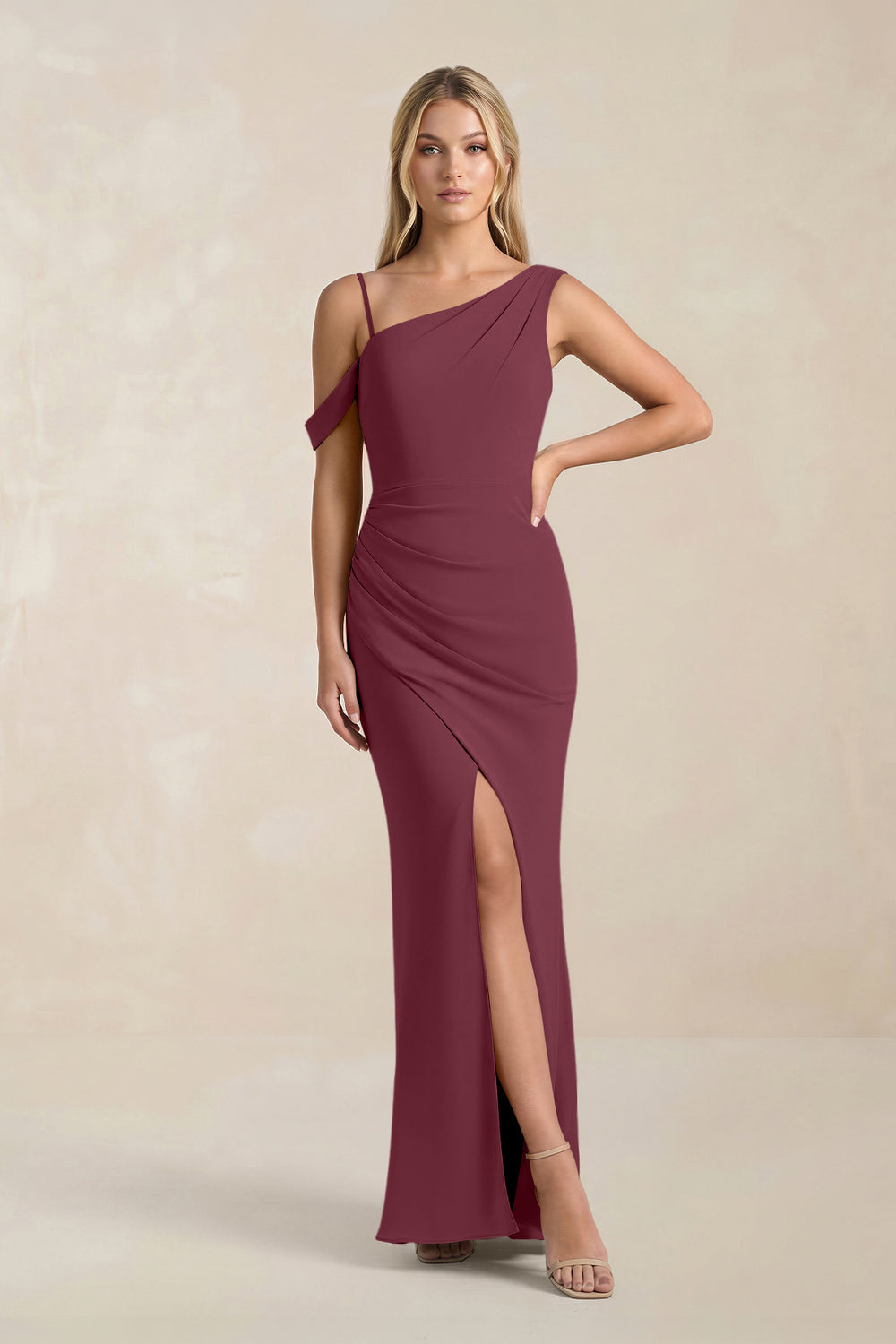 One-Shoulder Sheath Ruched Bridesmaid Dress With Slit in Desert Rose