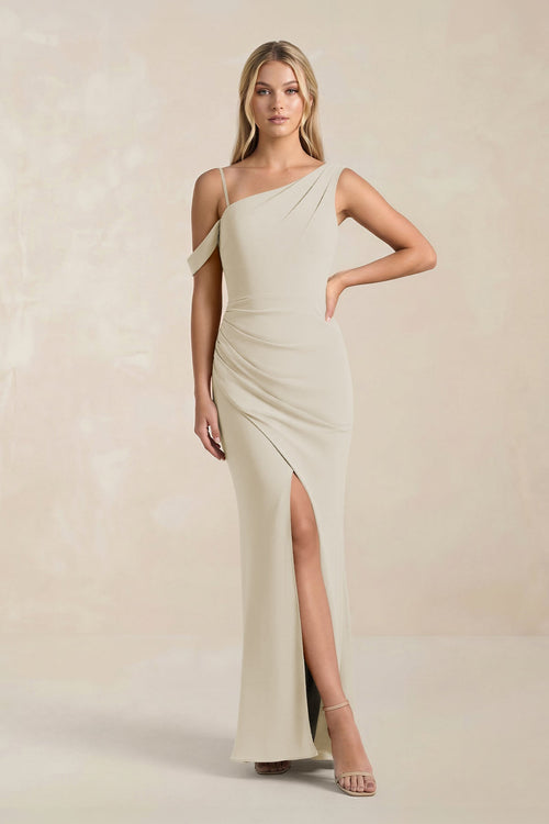 One - Shoulder Sheath Ruched Bridesmaid Dress With Slit in Dove Gray - SHE IS ME Bridesmaid Dresses