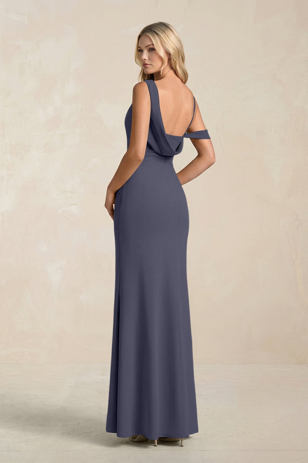 One - Shoulder Sheath Ruched Bridesmaid Dress With Slit in Dusk Blue - SHE IS ME Bridesmaid Dresses