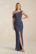One - Shoulder Sheath Ruched Bridesmaid Dress With Slit in Dusk Blue - SHE IS ME Bridesmaid Dresses