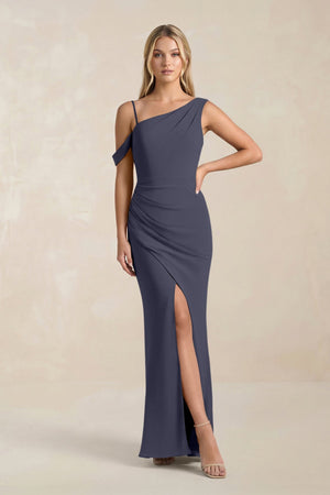 One - Shoulder Sheath Ruched Bridesmaid Dress With Slit in Dusk Blue - SHE IS ME Bridesmaid Dresses