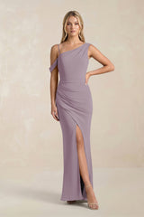 One-Shoulder Sheath Ruched Bridesmaid Dress With Slit in Dusk | KISSBRIDAL