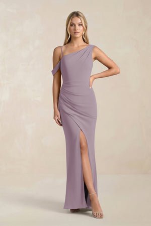 One-Shoulder Sheath Ruched Bridesmaid Dress With Slit in Dusk | KISSBRIDAL