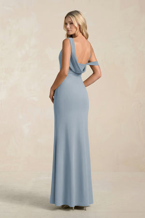 One-Shoulder Sheath Ruched Bridesmaid Dress With Slit in Dusty Blue (2) | KISSBRIDAL