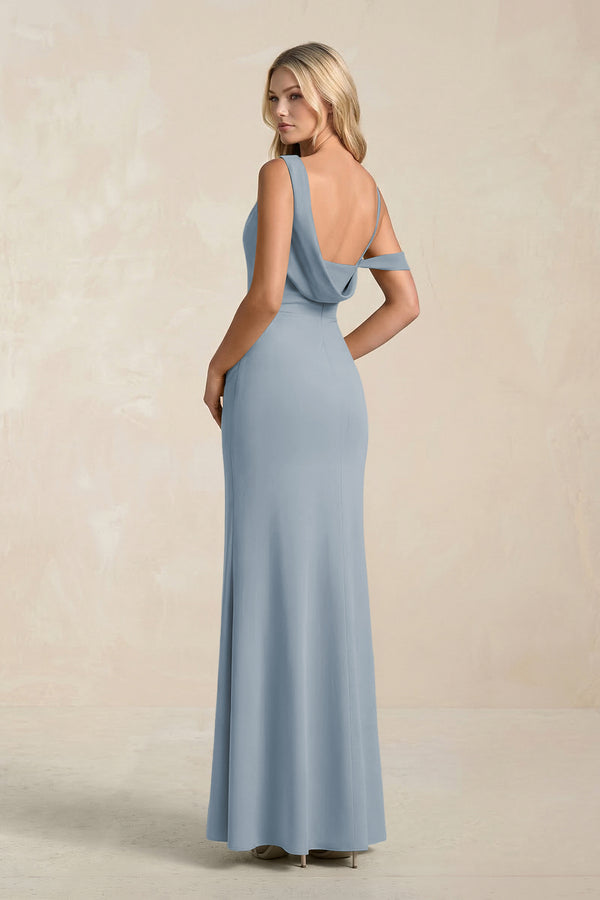 One-Shoulder Sheath Ruched Bridesmaid Dress With Slit in Dusty Blue (2) | KISSBRIDAL