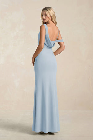 One - Shoulder Sheath Ruched Bridesmaid Dress With Slit in Dusty Blue - SHE IS ME Bridesmaid Dresses