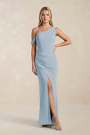 One - Shoulder Sheath Ruched Bridesmaid Dress With Slit in Dusty Blue - SHE IS ME Bridesmaid Dresses