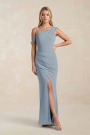 One-Shoulder Sheath Ruched Bridesmaid Dress With Slit in Dusty Blue | KISSBRIDAL