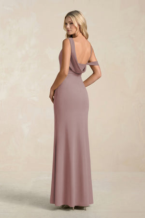 One-Shoulder Sheath Ruched Bridesmaid Dress With Slit in Dusty Rose (2) | KISSBRIDAL