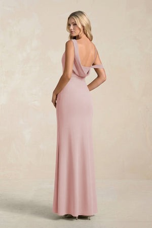 One - Shoulder Sheath Ruched Bridesmaid Dress With Slit in Dusty Rose - SHE IS ME Bridesmaid Dresses