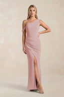 One - Shoulder Sheath Ruched Bridesmaid Dress With Slit in Dusty Rose - SHE IS ME Bridesmaid Dresses